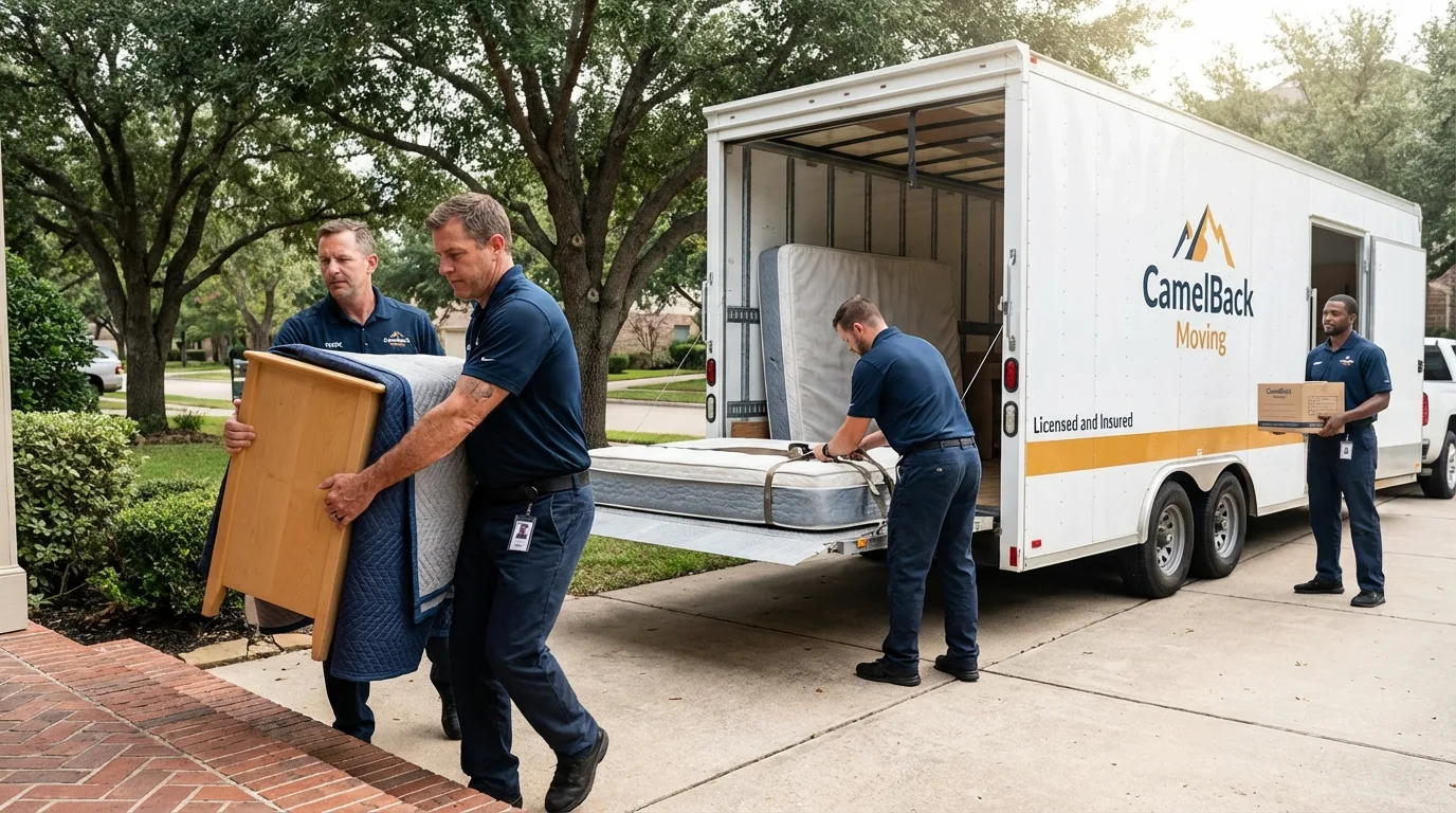 Crew loading residential truck for cross-state move from Clinton Township, MI