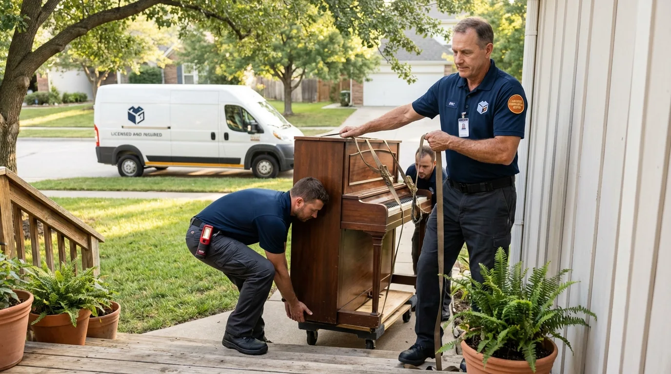 Licensed piano movers securing grand piano in Clinton Township, MI