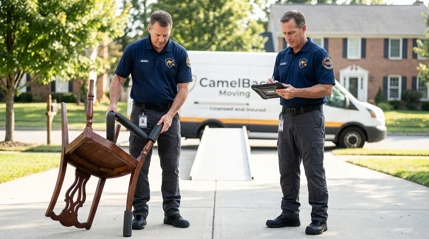 Movers inspecting furniture for damage prevention before loading in Clinton Township, MI