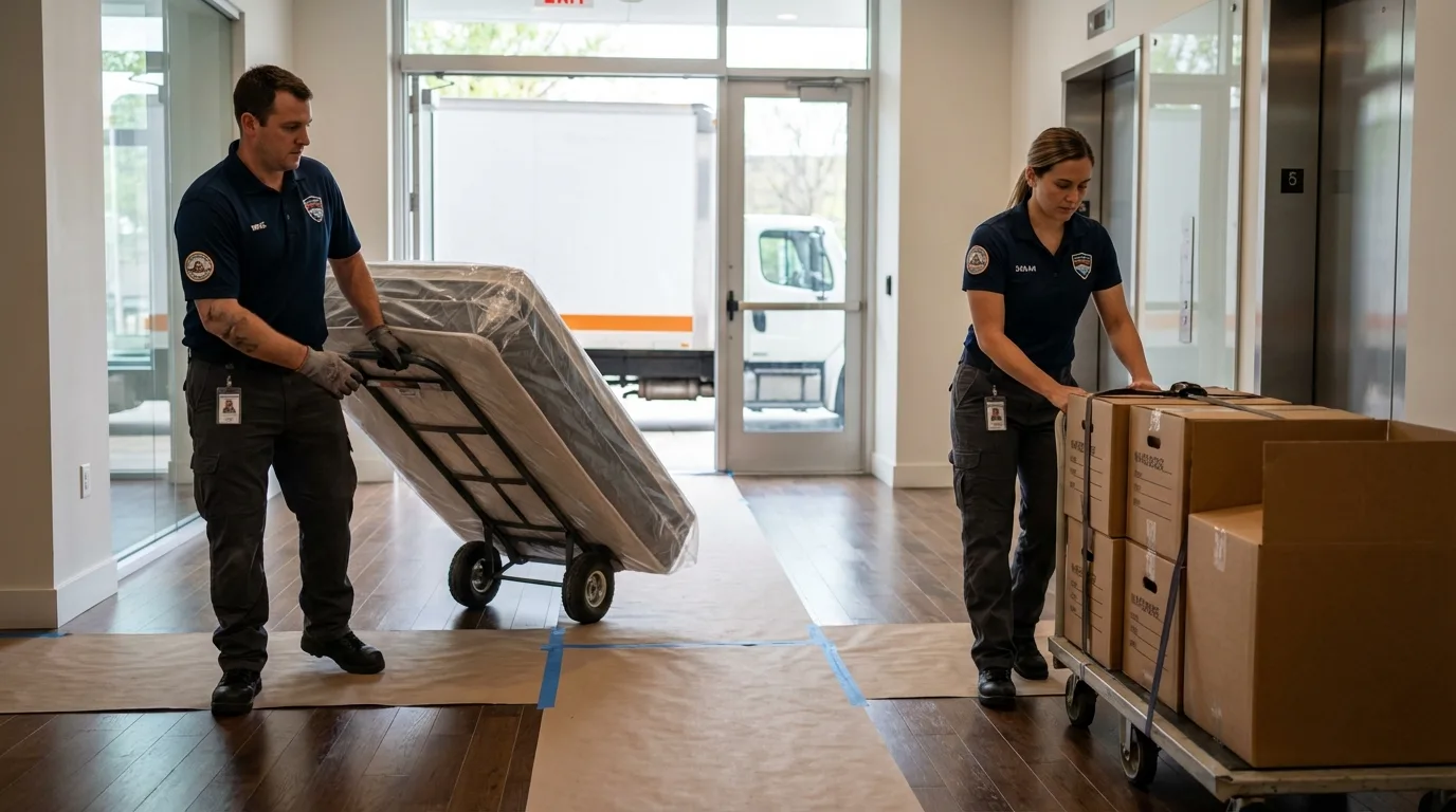 Professional apartment movers loading elevator in Clinton Township, MI