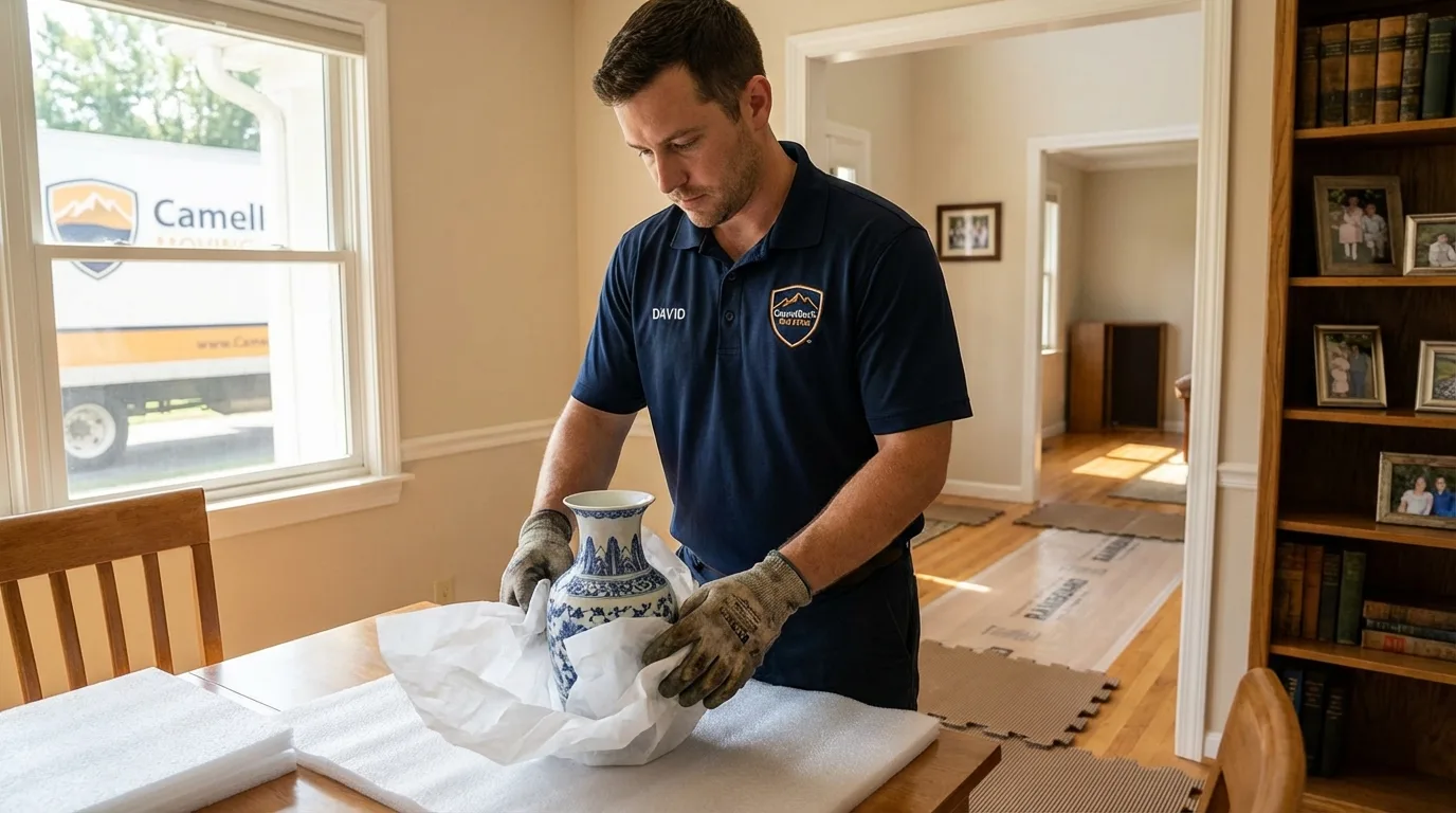 Professional crew carefully wrapping antique vase for senior downsizing move in Clinton Township, MI